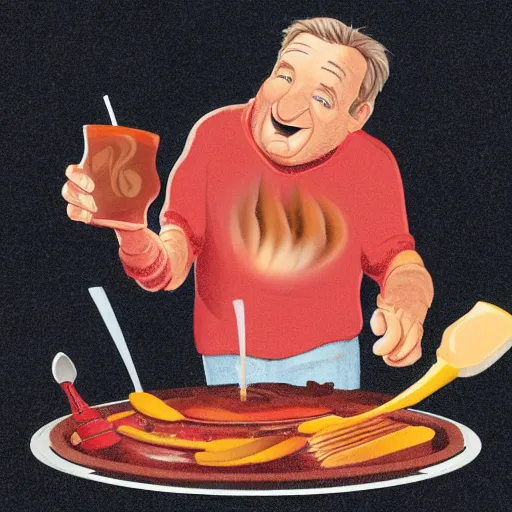 Image similar to robin williams sinking into a pit of bbq sauce, reaching towards the camera, childrens book illustration