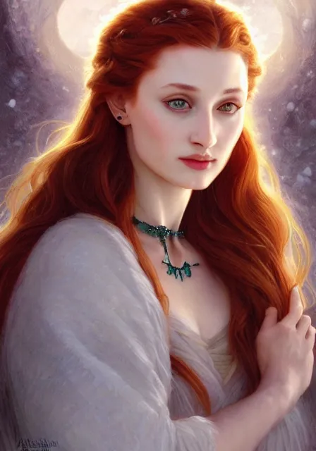 Image similar to sansa angeline jolie gessica chastain cold frozen snow ice winter, intricate, elegant, highly detailed, digital painting, artstation, concept art, smooth, sharp focus, illustration, art by artgerm and greg rutkowski and alphonse mucha and william - adolphe bouguereau