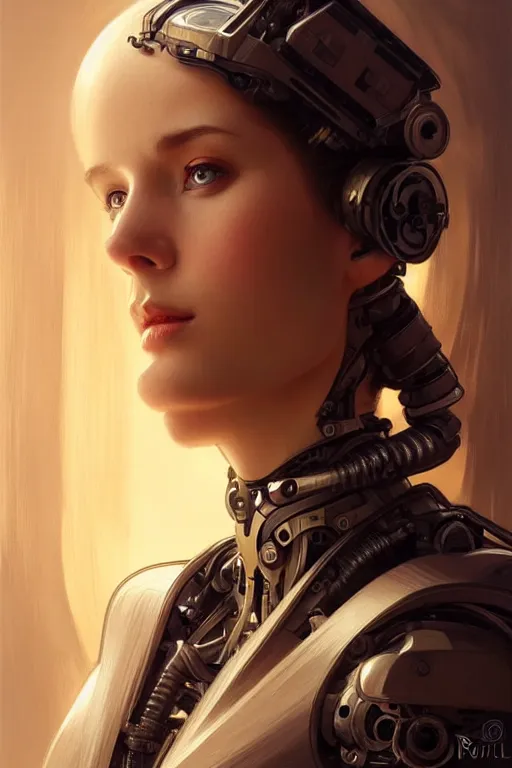 Image similar to beautiful female mechanical android!, half portrait, 3 / 4 pose, intricate detailed environment, photorealistic!, floro details, intricate, elegant, highly detailed, digital painting, artstation, concept art, smooth, sharp focus, illustration, art by artgerm and greg rutkowski and alphonse mucha