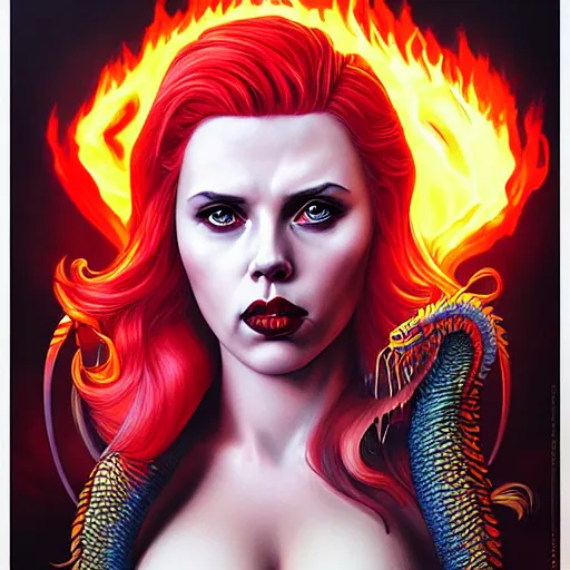 Image similar to ghotic demonic female demon satan hell portrait of scarlett johansson as queen of hell and queen of dragons, fire and flame, big long hell serpent dragon, octopus, Pixar style, by Tristan Eaton Stanley Artgerm and Tom Bagshaw.