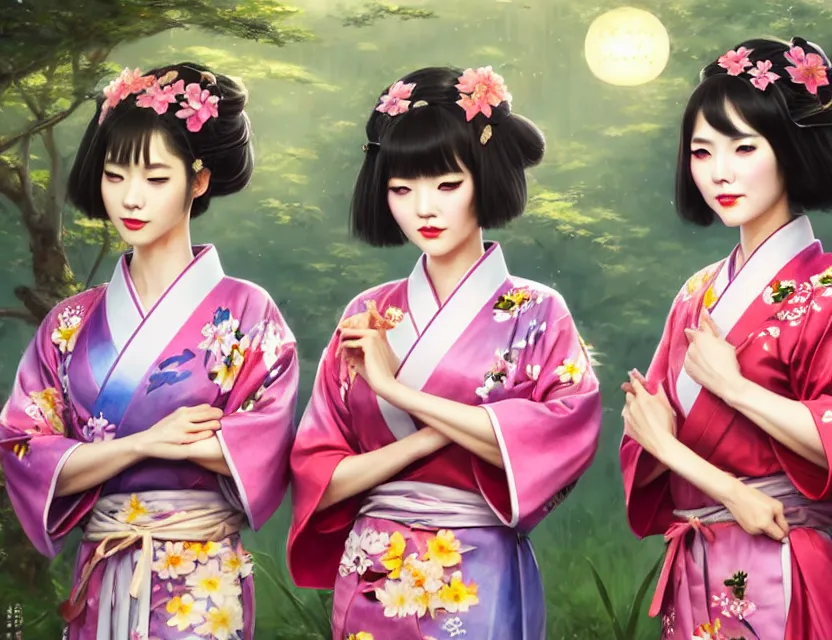 Image similar to two beautiful fashion taiwan girls wear fantasy yukata in festival | | big eyes, sunny, dreamlike art, realistic shaded, smile, good looking, fine details, 4 k realistic, cryengine, realistic shaded lighting poster by greg rutkowski, magali villeneuve, artgerm, jeremy lipkin and michael garmash and rob rey