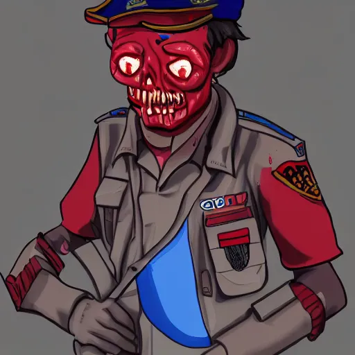 Prompt: zombie security officers beige uniform | glowing red skin and faint red aura | blue leggings | sawoff shotguns | trending on artstation high detail digital painting