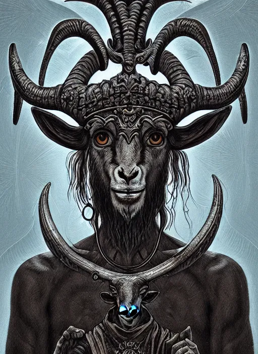 Image similar to hyper detailed ultra sharp orthodox baphomet goat jesus icon, occult, sardonic man, piercing gaze, trending on artstation, byzantine aesthetic, doom, religious, sinister, ornate, intricate, digital painting, concept art, smooth, sharp focus, illustration, art by josan gonzalez, greg rutkowski, killian eng and zdizslaw beksinski