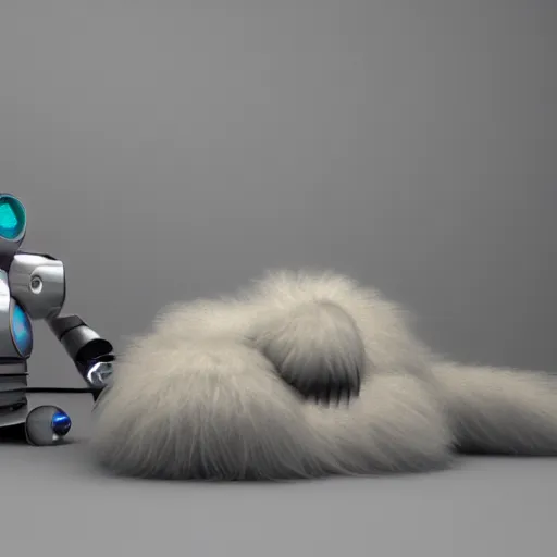 Image similar to robotic bearded collie that's a robot. naptime at kindergarten. digital art, 3 d render, comedy, science fiction, up!