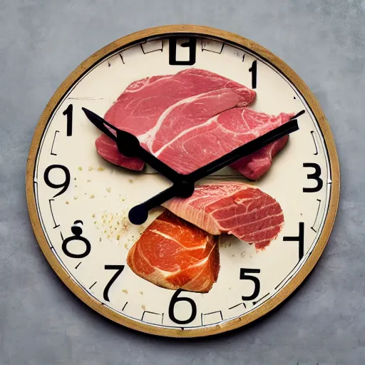 Prompt: A clock made of meat