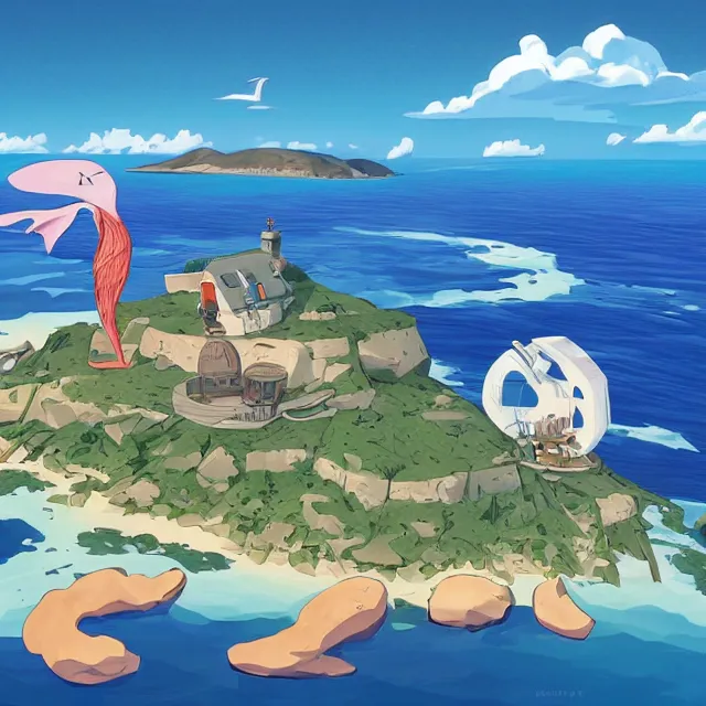 Prompt: a remote island research station in the middle of the ocean, rhads!!!, magical realism, archipelago, urban fantasy, saturday morning cartoon, clean linework, ( alexander archipenko ), ( tex avery ), western animation