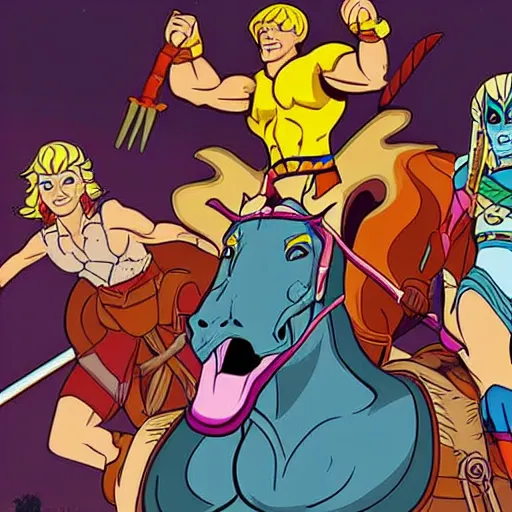 Image similar to He-Man, She-Ra, and Skeletor riding a horse together