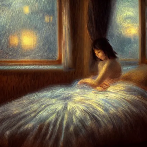 Image similar to on a rainy day, someone sits in bed, curled up under the covers, looking out the window, cinematic, artstation, extremely detailed, intricate, cinematic lighting, art by pierre - auguste renoir