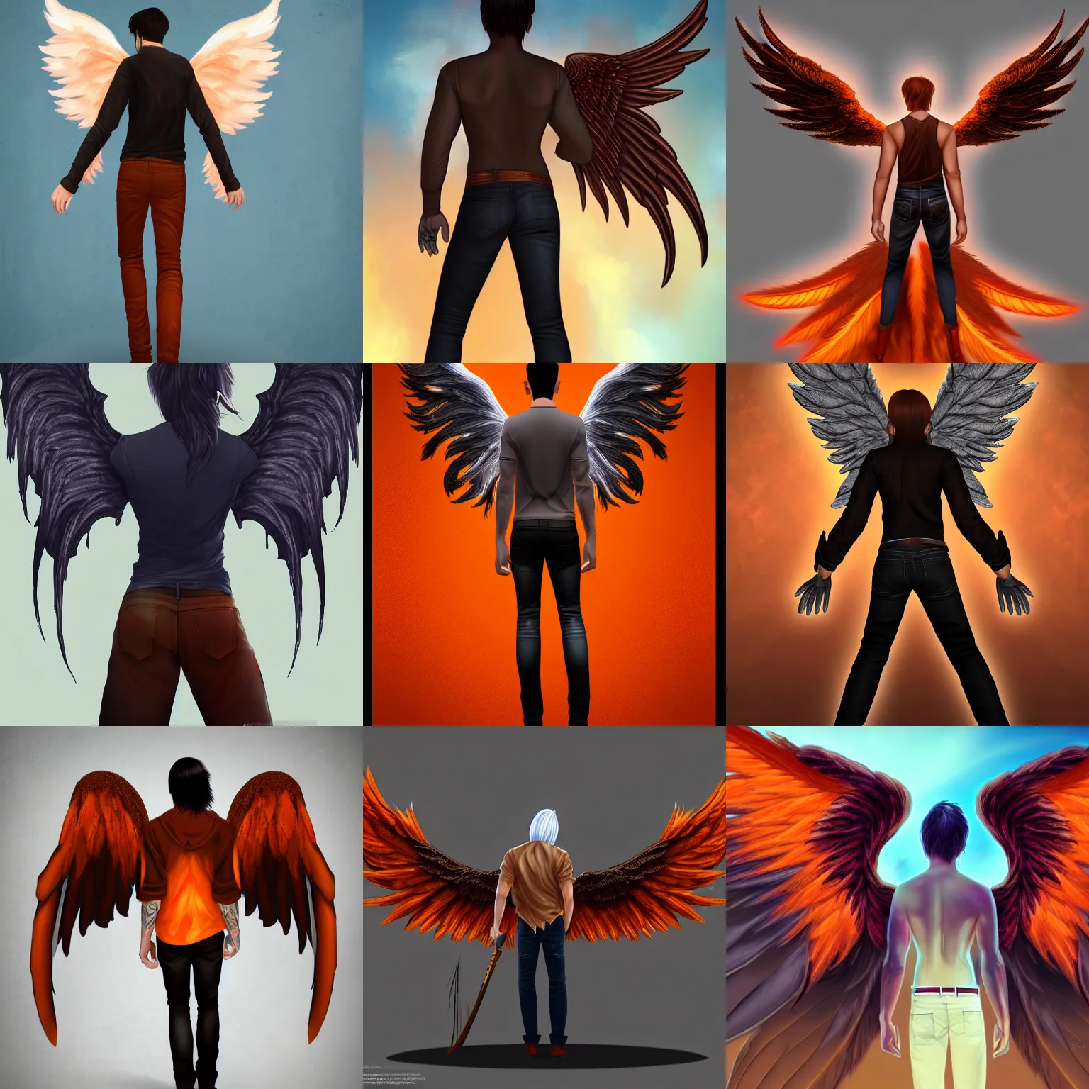 Prompt: male angel with large wings. View from the back. Orange feathers, jeans, brown skin, long black hair. detailed urban fantasy digital art, trending on artstation