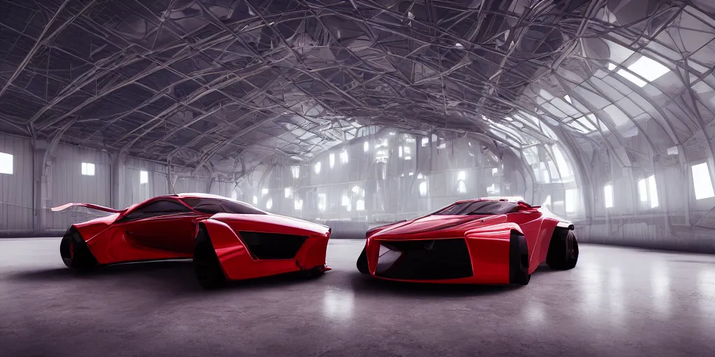 Prompt: kama - 1 concept car, inside futuristic hangar, red car, sharp focus, ultra realistic, ultra high pixel detail, cinematic, intricate, cinematic light, concept art, illustration, art station, unreal engine 8 k
