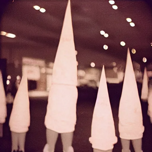 Image similar to conehead furry cult, 35mm grainy film photography