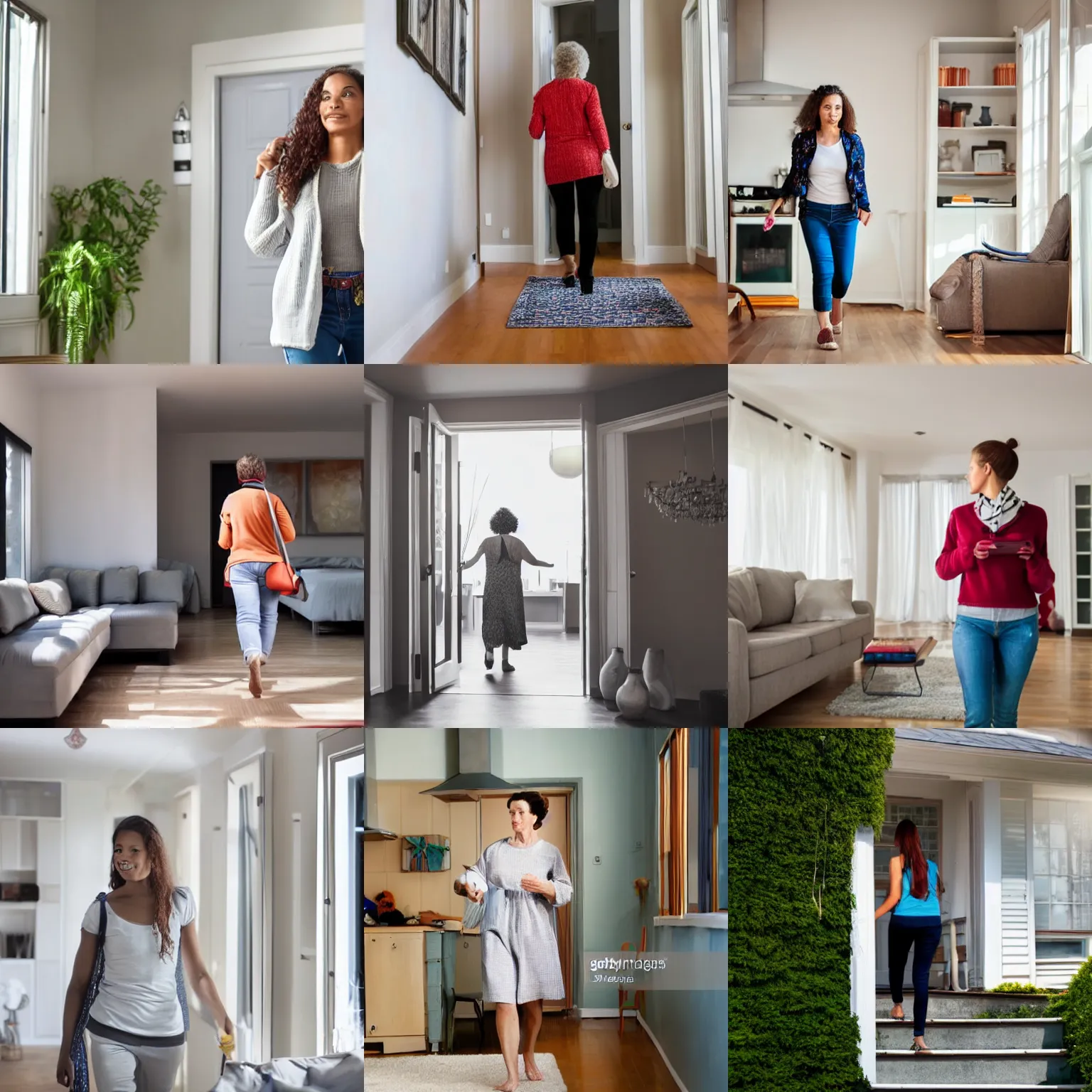 Prompt: a woman walking in her house, a stock photo by marilyn bendell, featured on shutterstock, verdadism, stock photo, movie still, stockphoto