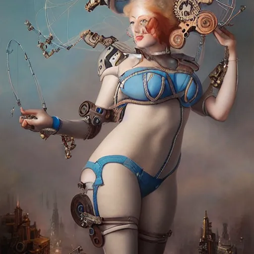 Image similar to by tom bagshaw, ultra realist vivid soft painting of a carnival of curiosities, single curvy flirt etheral young steampunk female in a full ornated armor gears breathtaking almond blue eyes, cables, led, flying machinery, partial symmetry accurate features, very intricate details, focus, award winning, ultra dense fog