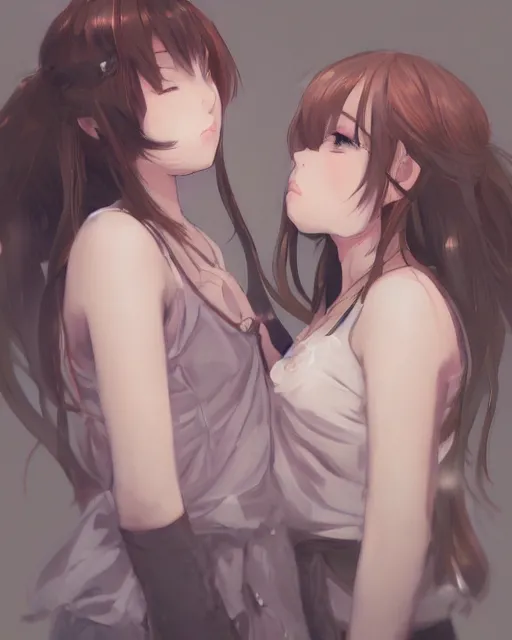 Image similar to portrait of two girls kissing, anime, drawn by WLOP, trending on Artstation