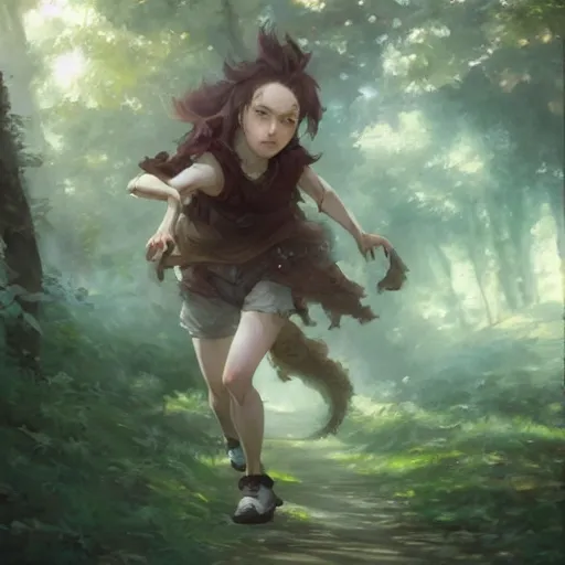 Image similar to a woman running through the forest, a detailed painting by krenz cushart, pixiv contest winner, fantasy art, official art, detailed painting, pixiv. highly detailed. 4 k masterpiece.