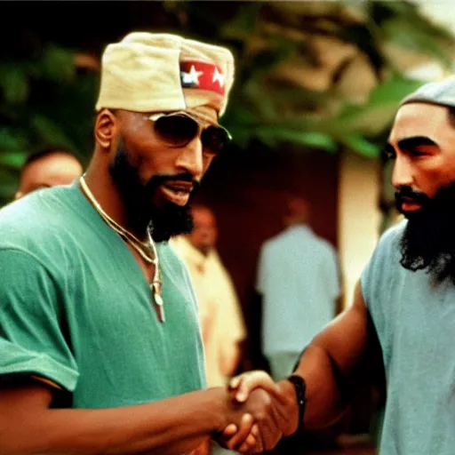 Prompt: cinematic shot of tupac shakur and fidel castro shaking hands in a cuban resort, 8 k, very detailed, very intricate, detailed faces,