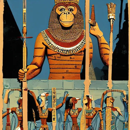 Image similar to A body art that features a chimpanzee surrounded by a castle turret. The chimp is shown wearing a crown and holding a scepter, and the castle is adorned with banners. ancient egyptian papyrus, Sumerian by Jesper Ejsing, by Warren Ellis, by John Harris ghostly