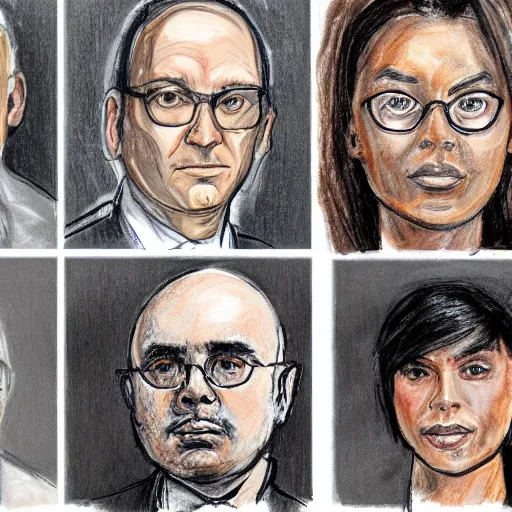 Image similar to courtroom sketch, defendant and lawyer portraits