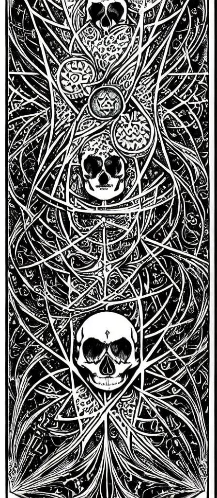 Image similar to a beautiful fractal tarot card featuring bold occult imagery with clean lines. skulls. punk. dimension. haeckel. fish and sea creatures. detailed adult coloring book