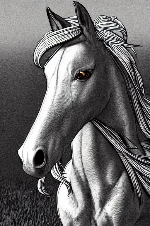 Image similar to horse in a field, symmetrical, highly detailed, digital art, sharp focus, trending on art station, kentaro miura manga art style