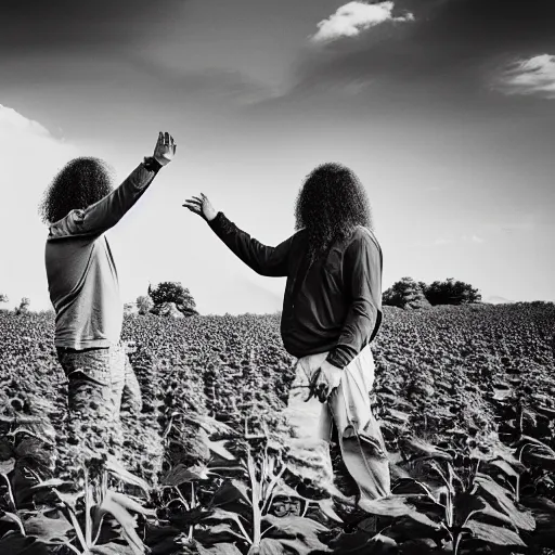 Image similar to Tyrannosaurus rex giving a high five to a caveman in a field of sunflowers, realistic, photograph, monochrome, Ansel Adams, HD