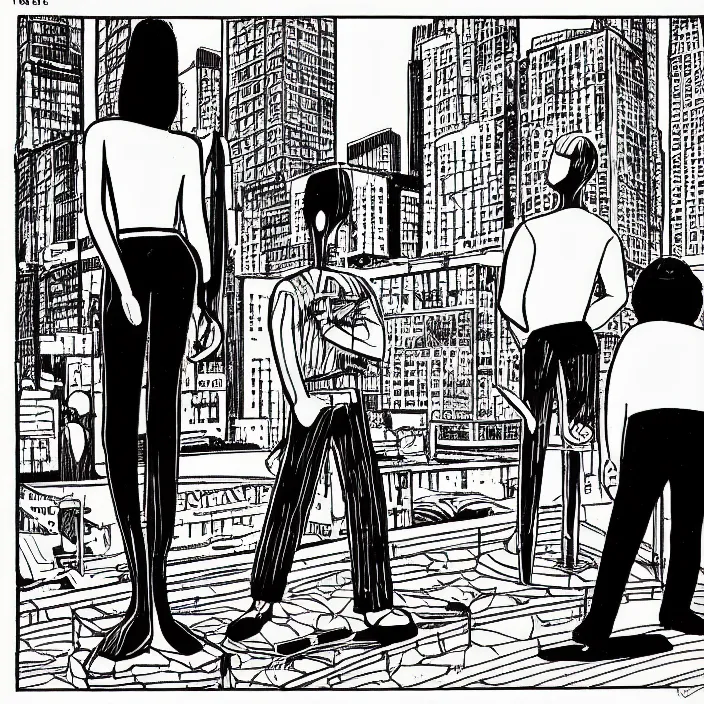 Image similar to a still frame from comic strip two person looking at the sculpture 1 9 9 0, new yorker illustration, monochrome contrast bw, lineart, manga