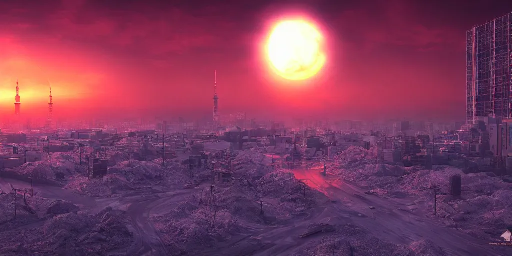 Prompt: nuclear winter, tokyo city, near future, fantasy, sci - fi, hyper realistic, serene, sunset.