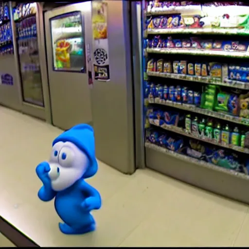 Prompt: security camera footage of a smurf breaking into a convenience store.