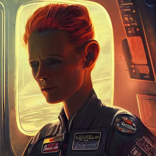 Prompt: rough and moody, colorful, highly detailed painting, science fiction, serious intense stoic blonde emotionless brilliant butch woman engineer with very short slicked - back hair, wearing patched dirty flight suit, looking out space station window, octane render, alien 1 9 7 9, artstation, michael whelan, ron cobb, digital illustration