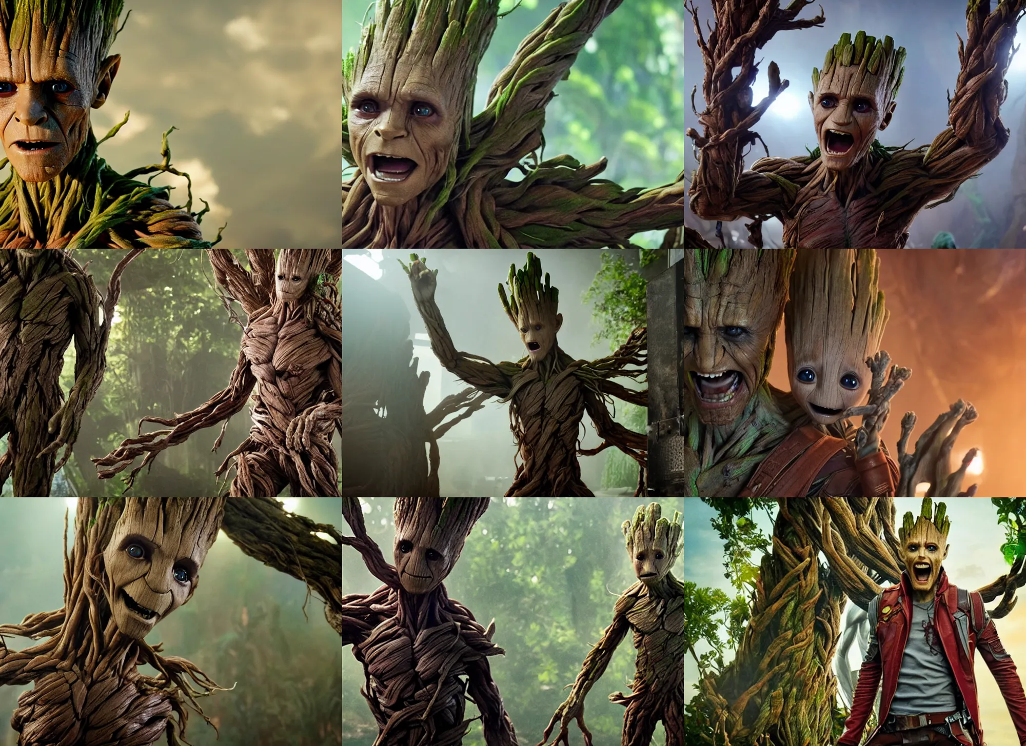 Prompt: film still of jared leto as groot in the new guardians of the galaxy movie, 4 k, highly detailed face, detailed eyes