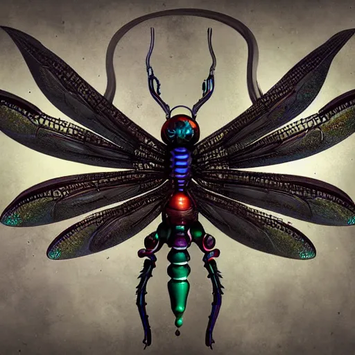 Image similar to intricate detailed mechanical victorian goth dragonfly by peter mohrbacher and dan mumford, cgsociety, volumetric light