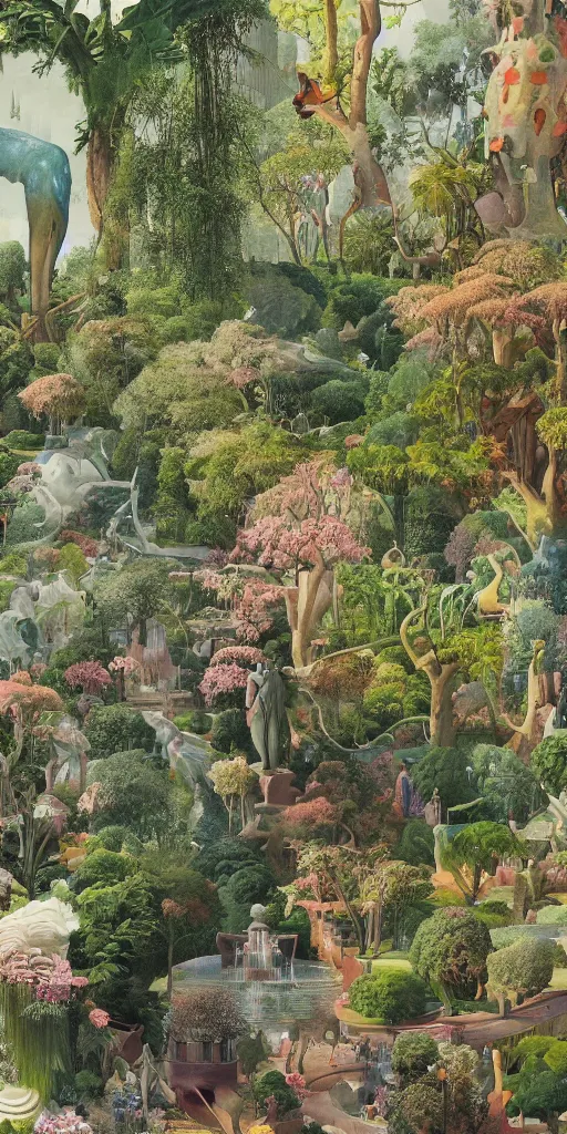 Image similar to bosch and beeple and beeple painting of a magnificent garden filled with remarkable sculptures, trees, and structures, incredible details