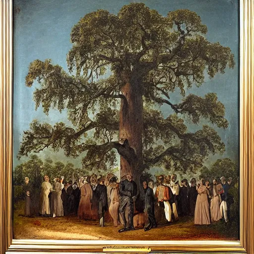Prompt: huge tree with a lot of hung bodies, southern gothic art, 1 9 th century scene, painted by friedrich caspar david