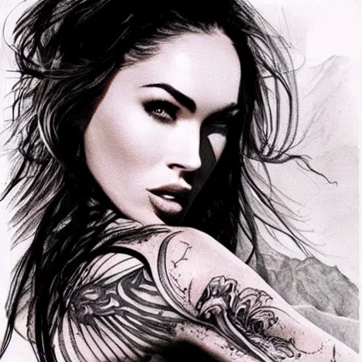 Prompt: megan fox beautiful mountains double exposure effect, medium sized tattoo sketch, amazing detail, on pinterest