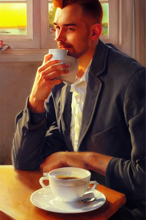 Image similar to attractive man drinking coffee, sunset, painting by carl larsson, vladimir volegov, j. c. leyendecker, tom of finland, trending on artstation
