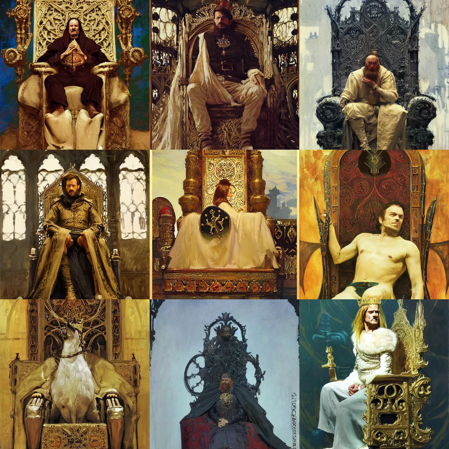 Prompt: medieval king sitting in his throne, intricate, elegant, highly detailed, greg manchess, mucha, liepke, ruan jia, jeffrey catherine jones, ridley scott