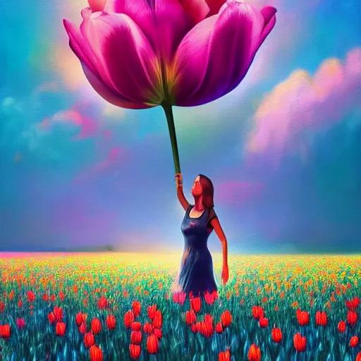 Image similar to large tulip head, girl floating in a flower field, surreal photography, sunrise dramatic light, impressionist painting, colorful clouds, digital painting, artstation, simon stalenhag