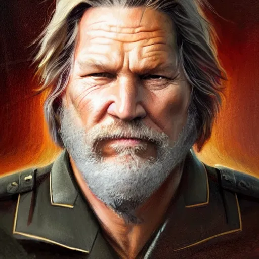 Prompt: portrait of a man by greg rutkowski, he looks like jeff bridges, wearing the military uniform of the corellian confederation, star wars expanded universe, he is about 5 0 years old, highly detailed portrait, digital painting, artstation, concept art, smooth, sharp foccus ilustration, artstation hq