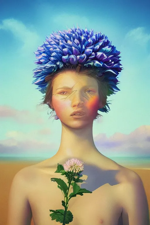 Image similar to closeup girl with huge dahlia flower head, portrait on beach, surreal photography, blue sky, sunrise, dramatic light, impressionist painting, digital painting, artstation, simon stalenhag