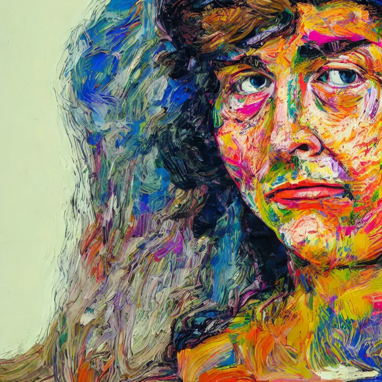 Image similar to close up studio portrait of Sweet faced hippy chick with her hair in a bandana in 1972, impasto heavy brushstrokes oil painting by Lucian Freud and Tim Hawkinson and Cy Twombly, Intense colors trending on artstation dramatic lighting Expressionism