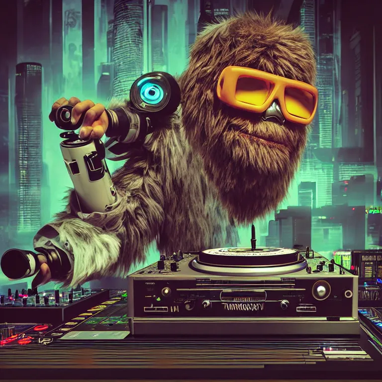 Image similar to a photograph portrait of an anthropomorphic cyberpunk bigfoot dj at the turntables spinning records, detailed render, tape deck, boombox, headphones, epic composition, cybernetics, 4 k realistic, cryengine, realistic shaded lighting, sharp focus, masterpiece, by matteo scalera, gary montalbano, peter elson in the style of the tokyo ghost comic