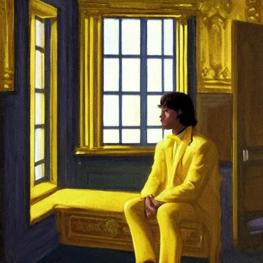 Image similar to Prince with gold clothes in a white palace by Edward hopper