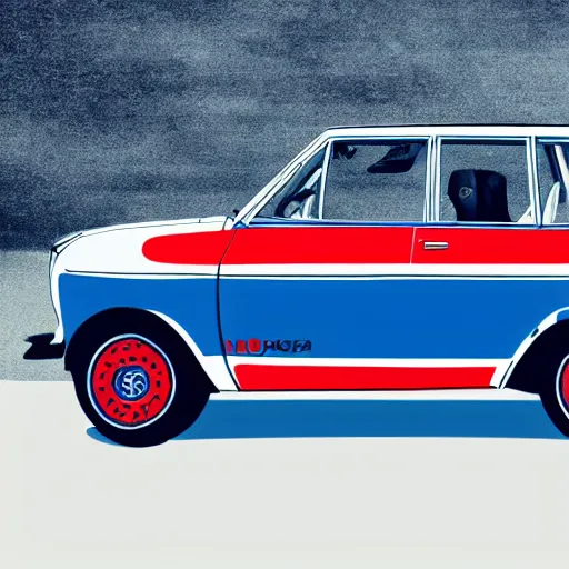 Prompt: Yugo car in white blue and red colors with text that says slovenia