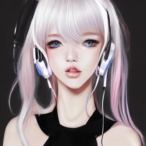 Image similar to realistic detailed semirealism beautiful gorgeous natural cute excited happy Blackpink Lalisa Manoban white hair white cat ears blue eyes, wearing black camisole outfit, headphones, black leather choker artwork drawn full HD 4K high resolution quality artstyle professional artists WLOP, Aztodio, Taejune Kim, Guweiz, Pixiv, Instagram, Artstation