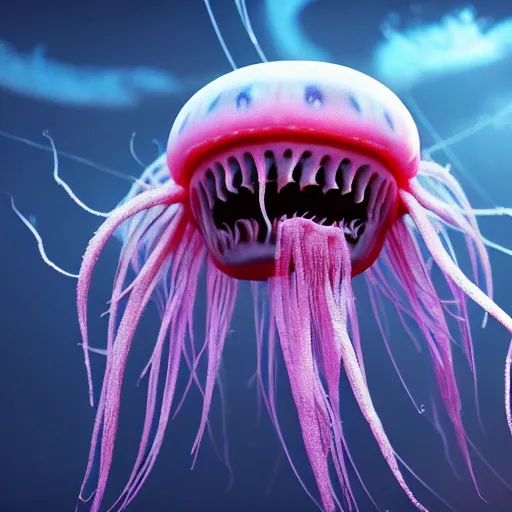 Image similar to a beautiful extreme wide photograph of an evil terrifying jellyfish monster with huge eyes and sharp teeth in a wide open mouth, highly detailed, smooth, very very clean, 8 k, cinematic movie photograph, cinematic lighting, octane render, zbrush central contest winner, 3 d maya render