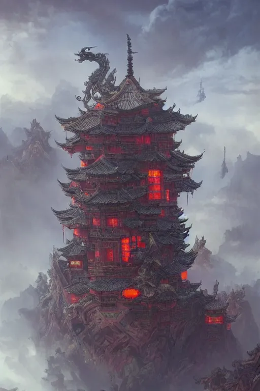 Prompt: dreamland of chinese ancient architecture in clouds from chinese myth, fantastic colors, ancient japanese, gothic diablo art, rococo art, cyberpunk, mecha, ominous, intricate, studio, art by anthony macbain + greg rutkowski + alphonse mucha, concept art