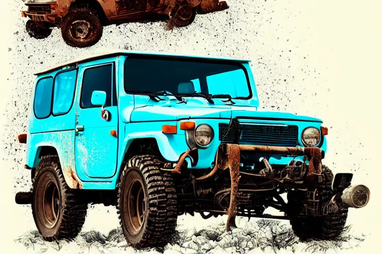 Image similar to digital illustration of a faded cyan mad max's fj 4 0 decrepit!!!! pursuit special, rusty!!! nissan fj cruiser heavily modded 1 9 9 0 s, the last v 8 interceptor by makoto shinkai, ilya kuvshinov, lois van baarle, rossdraws, basquiat