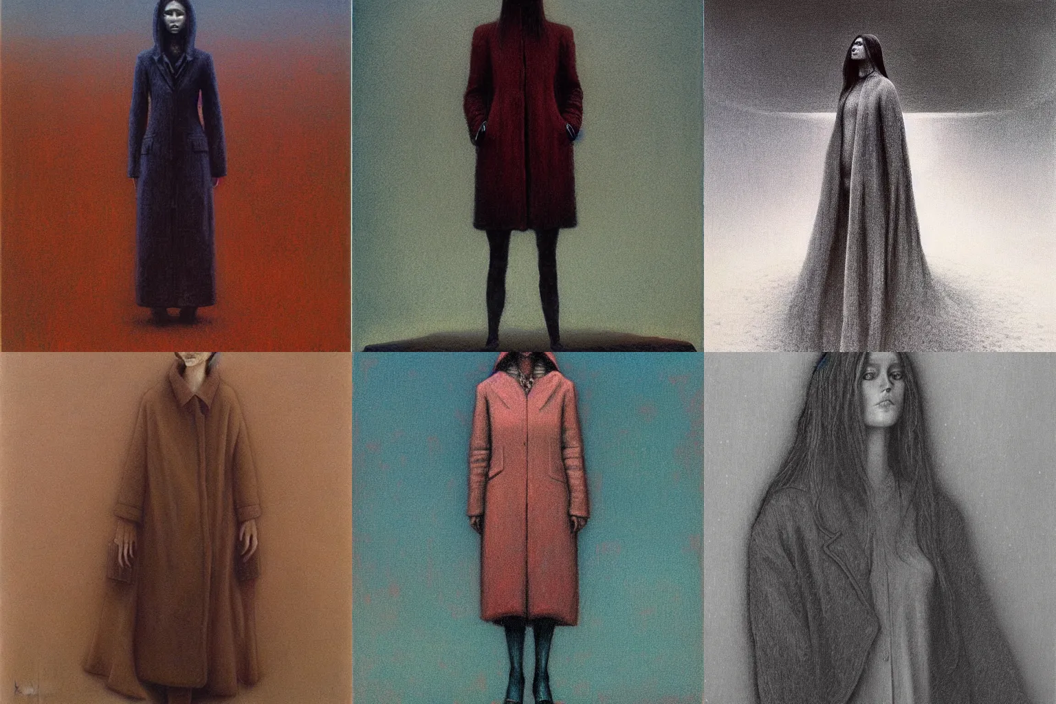 Prompt: full body portrait of female in coat ‎by Beksinski