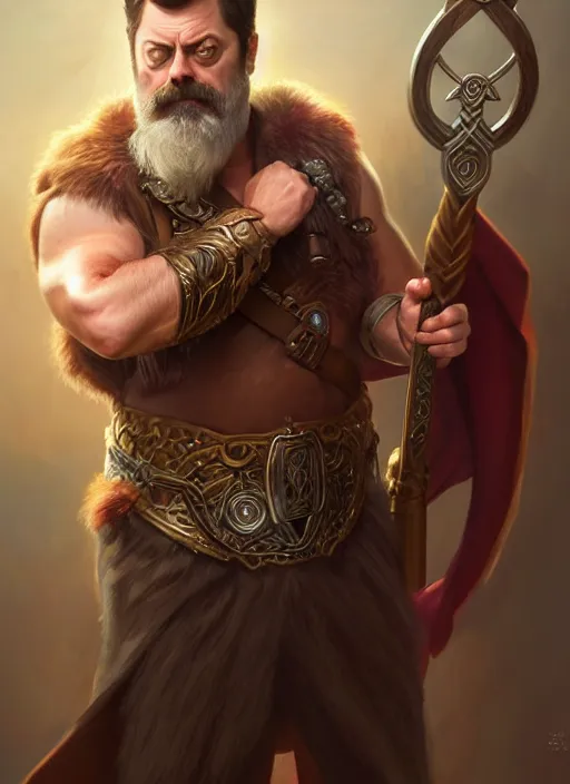 Image similar to portrait of nick offerman as odin, d & d, muscular, eyepatch! fantasy, intricate, elegant, highly detailed, digital painting, artstation, concept art, smooth, sharp focus, illustration, art by artgerm and greg rutkowski and alphonse mucha