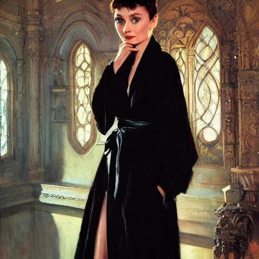 Image similar to detailed realistic cinematic wide shot of beautiful attractive audrey hepburn vampire woman wearing black bath robe slim face symettrical face clean skin black eyes black robe smooth, sharp focus, ultra realistic, spring light, painting by gaston bussiere, craig mullins, j. c. leyendecker